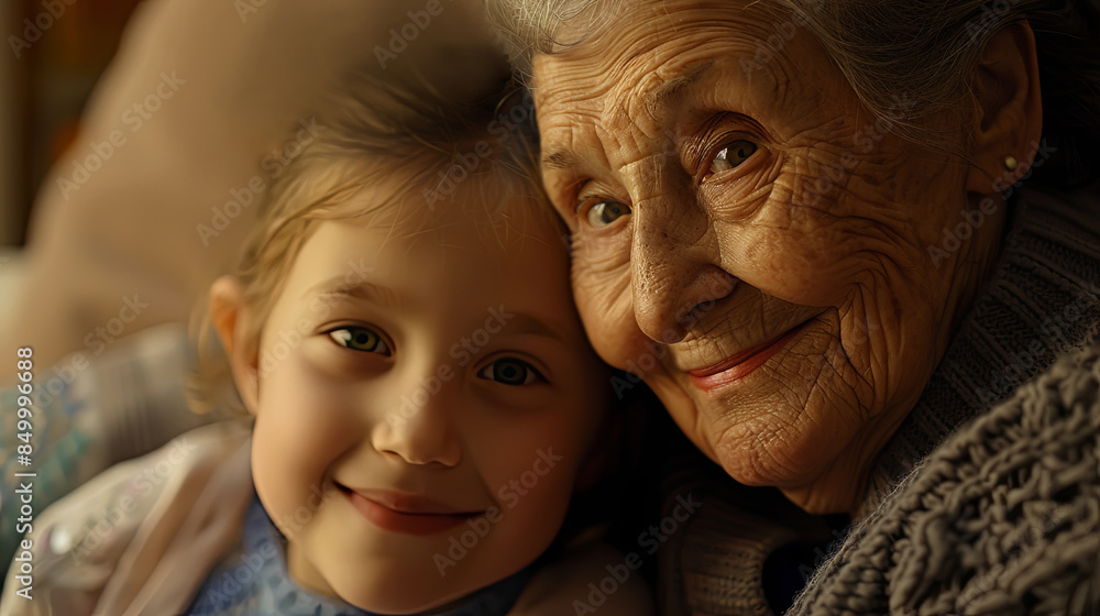 close up portrait shows an elderly woman and her smiling young granddaughter, generative AI close up portrait shows an elderly woman and her smiling young granddaughter, generative AI