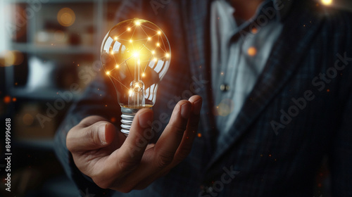 Creative idea. Concept of idea and innovation, Businessman holding light bulb. Idea concept with innovation and inspiration for business or education, Creative thinking and learning