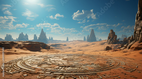 Ancient Mexican calendar in desert landscape.A stone calendar with intricate carvings, set against a barren desert landscape.