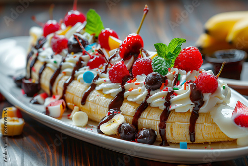 American Banana Split with various toppings photo