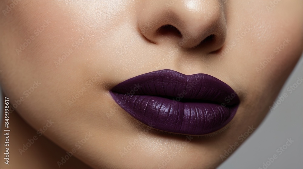 Obraz premium Close up of dark purple mate lipstick on lips opwn mouth ai generative 