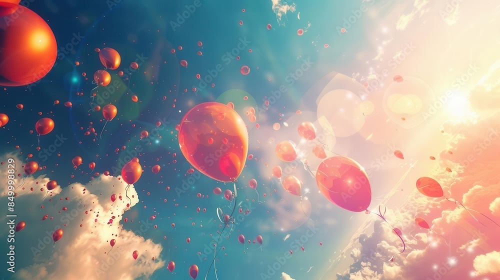 Fototapeta premium Captivating Hot Air Balloon and Sunrise Reflection. Tranquil Travel Adventure concept