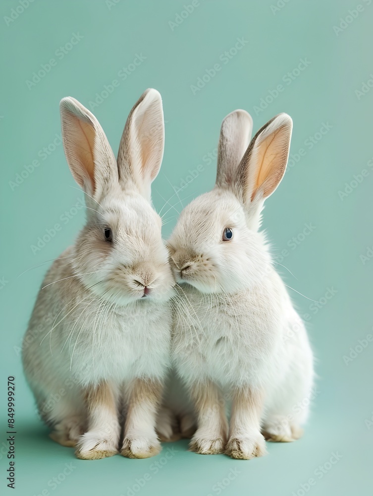 Fototapeta premium Elegant Rabbit Couple Holding Paws on Pastel Green Background