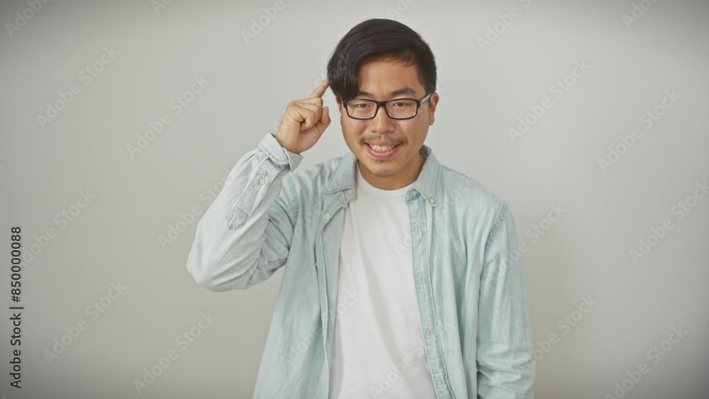 Young chinese man wearing glasses standing pointing finger up with successful idea. exited and happy. number one. over isolated white background Young chinese man wearing glasses standing pointing finger up with successful idea. exited and happy. number one. over isolated white background