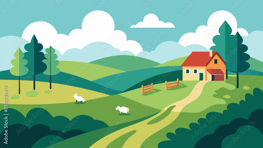 Naklejka premium A beautiful view of the landscape with a house perched on top of a hill in a tranquil rural setting.