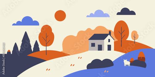 A beautiful landscape with a house nestled on the highest point. Tranquil scenery with a picturesque house situated on top.
