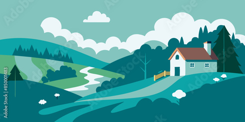 A beautiful landscape with a house nestled on the highest point. Tranquil scenery with a picturesque house situated on top.