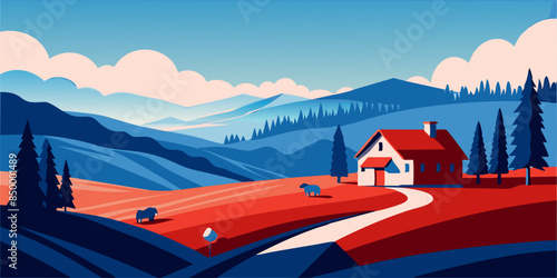 A beautiful landscape with a house nestled on the highest point. Tranquil scenery with a picturesque house situated on top.