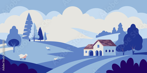 A beautiful landscape with a house nestled on the highest point. Tranquil scenery with a picturesque house situated on top.