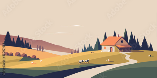 A beautiful landscape with a house nestled on the highest point. Tranquil scenery with a picturesque house situated on top.