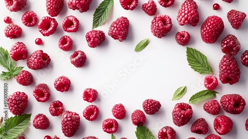 Raspberries fruit on white background with empty space in center