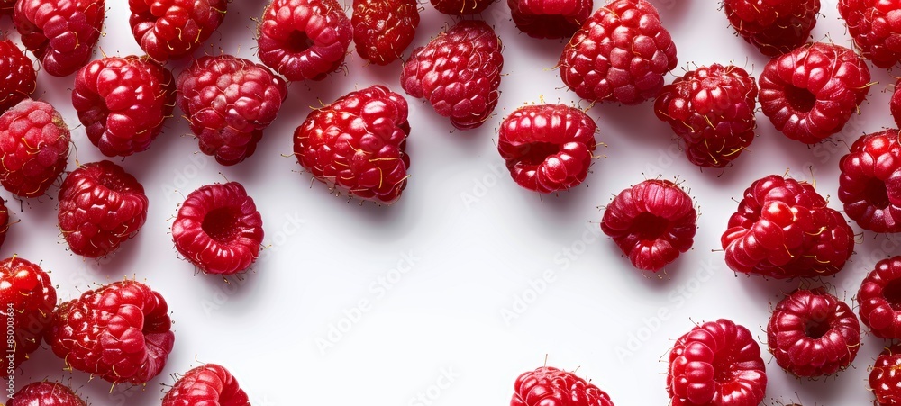 Raspberries fruit on white background with empty space in center Raspberries fruit on white background with empty space in center