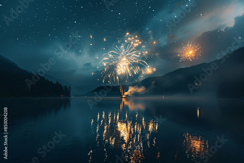 fireworks in the sky over a lake photo
