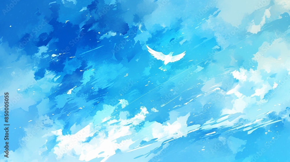 Fototapeta premium 青空と白い鳥、水彩画4