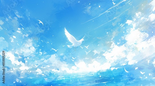 青空と白い鳥、水彩画13 photo