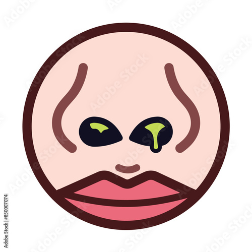 Green booger or dried snot nasal mucus in nose colorful icon illustration with outline isolated on square white background. Simple flat cartoon art styled drawing.
