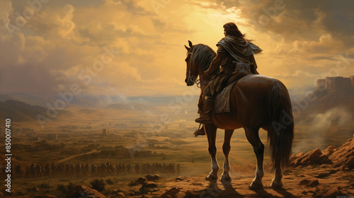 Regal Alexander the Great in Armor on Vast Battlefield