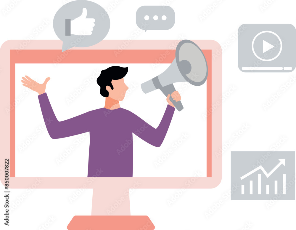 Fototapeta premium Boy is announcing on screen with megaphone.