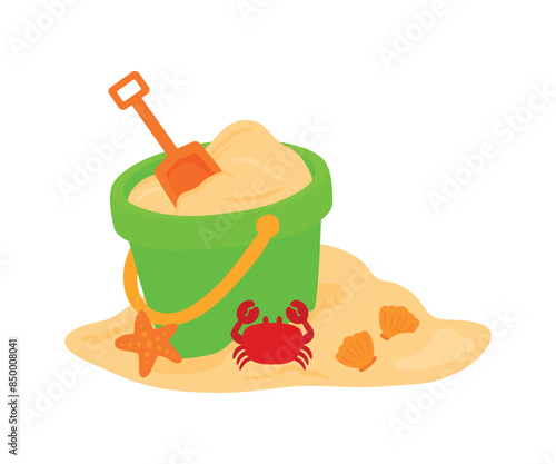 Green sand bucket with scoop vector illustration for beach vacation kid toys and game