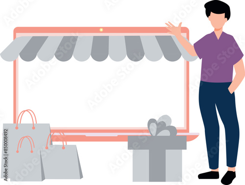 The boy is telling about the online shopping.