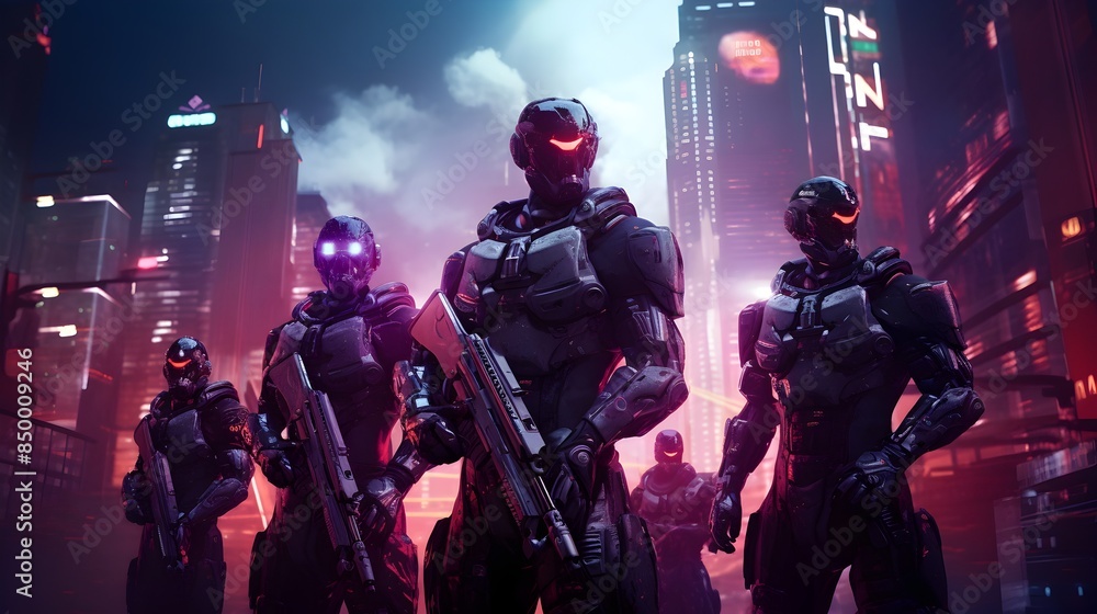 Fototapeta premium Futuristic Military Squad in Armor Poised for Battle in Dystopian Neon-Lit City Ruins