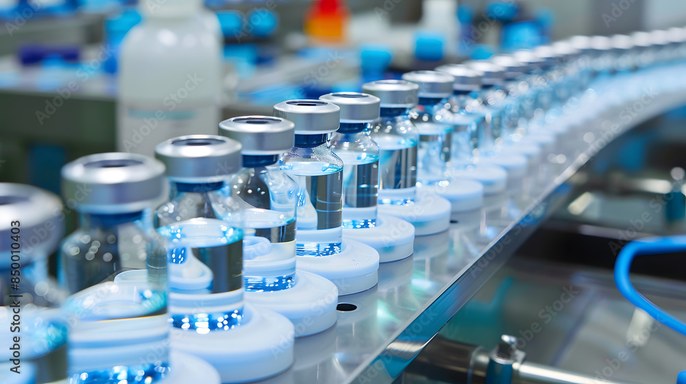 Obraz premium Medical vials on production line, pharmaceutical medicine vaccine manufacturing lab factory