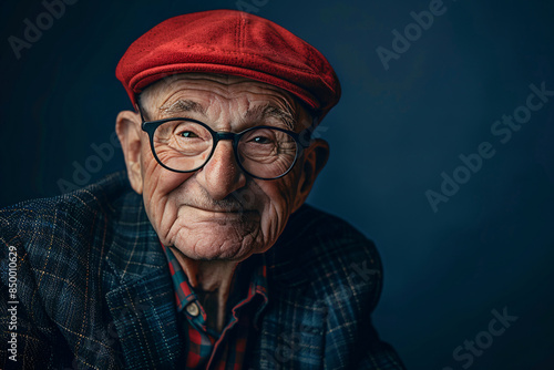 an old man wearing glasses and a red hat © Attila