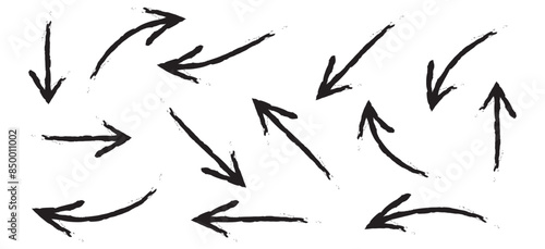 Set of abstract hand drawn arrows different direction and points. Isolated collection on a white background. Bold paint object for use in your design. Vector doodle black arrows icons. Brush stroke.