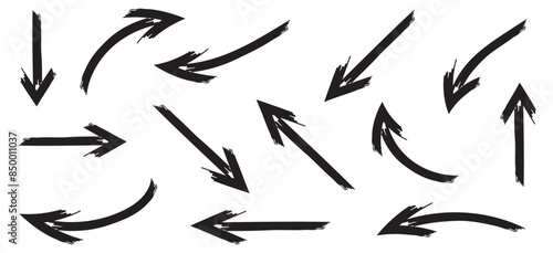 Set of abstract hand drawn arrows different direction and points. Isolated collection on a white background. Bold paint object for use in your design. Vector doodle black arrows icons. Brush stroke.