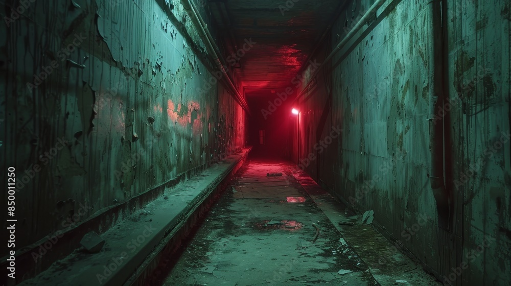A derelict bunker with a red flashlight casting ominous shadows along a narrow, decayed walkway, evoking a sense of foreboding A derelict bunker with a red flashlight casting ominous shadows along a narrow, decayed walkway, evoking a sense of foreboding
