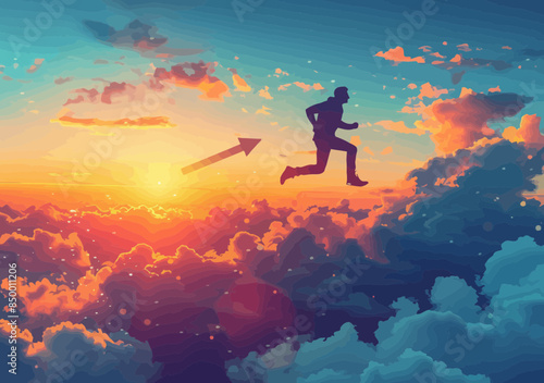 Manager Jumping Over Rising Arrow in Sky Background Concept of Overcoming Limits and Achieving Success at Sunrise Digital Art Illustration