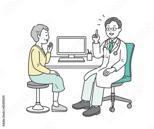 病院で診察を受ける高齢女性と話をする医師の全身イラスト