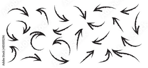 Set of abstract hand drawn arrows different direction and points. Isolated collection on a white background. Bold paint object for use in your design. Vector doodle black arrows icons. Brush stroke.
