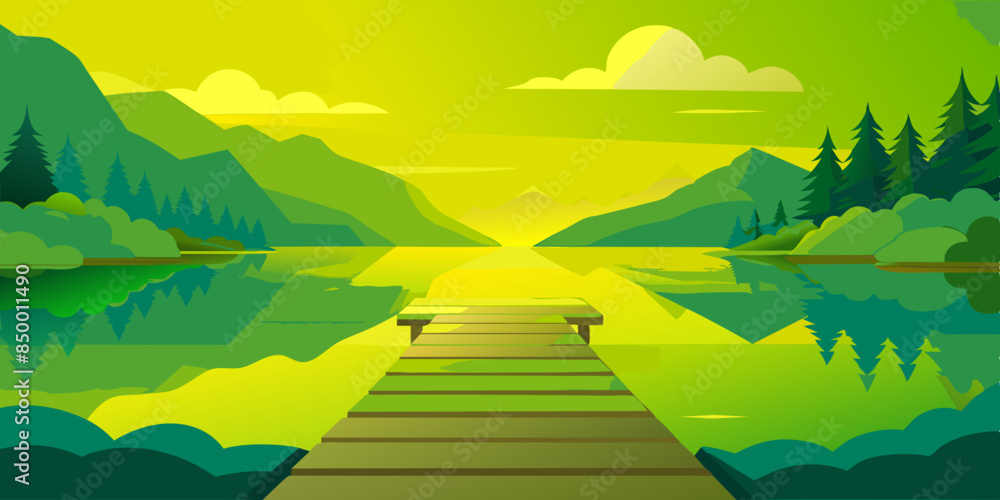 Obraz premium The wooden dock reaches out into the lake, providing a stunning backdrop of towering mountains.