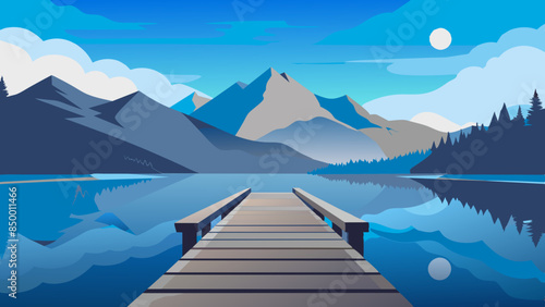A peaceful wooden dock reaches out into a beautiful lake, framed by majestic mountains.