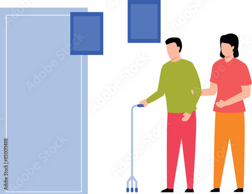 A girl is helping a disabled person to walk.