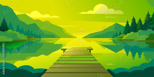 The wooden dock reaches out into the lake, providing a stunning backdrop of towering mountains.