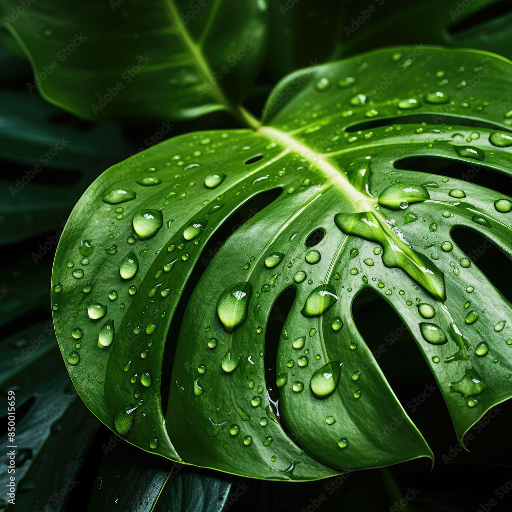 Macro close-up monstera leaf with water drop Macro close-up monstera leaf with water drop