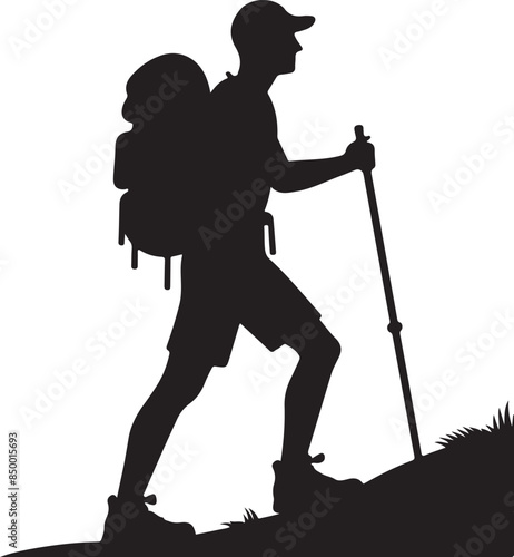 man with backpack and walking stick, adventure on mountain silhouette vector art