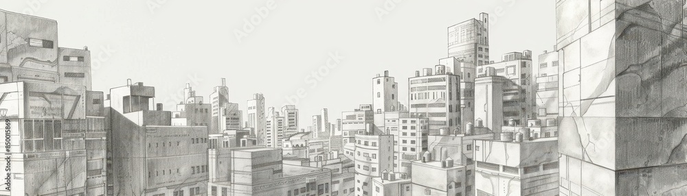 Fototapeta premium A drawing of a city street with a bridge and a few cars. Scene is somewhat bleak and desolate, with the buildings appearing to be old and worn down