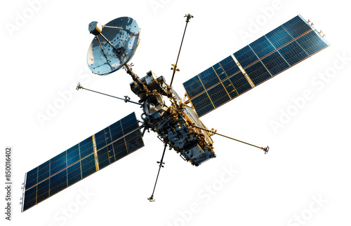 Fototapeta Naklejka Na Ścianę i Meble -  Satellite in space with solar panels and dish antenna png isolated on transparent background