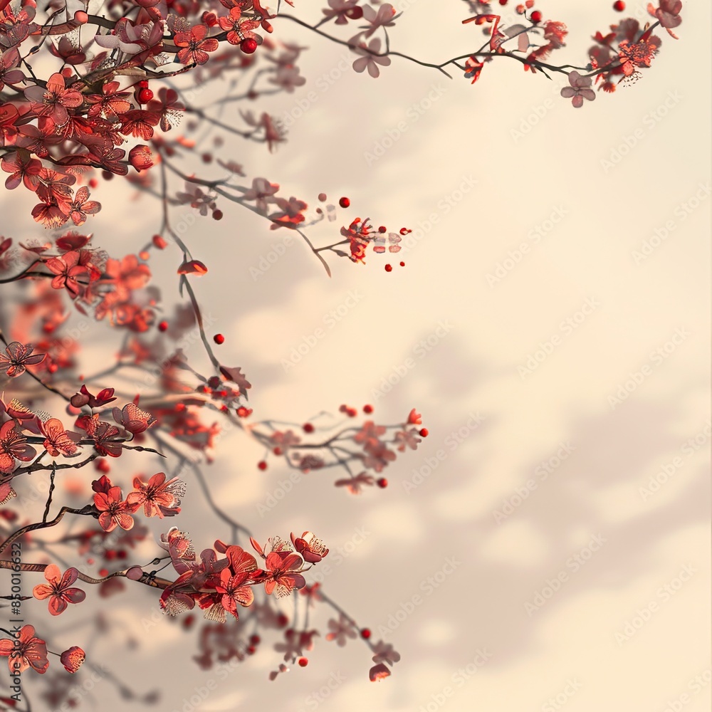 Beige Background with Red Flower Branches: Delicate Floral Pattern in Minimalist Design Beige Background with Red Flower Branches: Delicate Floral Pattern in Minimalist Design