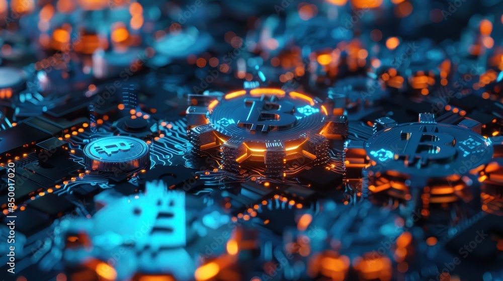 Fototapeta premium A digital blueprint of a crypto exchange with gears and cogs bein