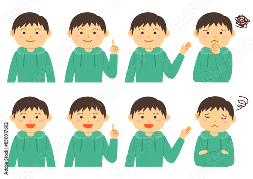 緑色の服を着た男の子の色々なポーズのイラストのセット
