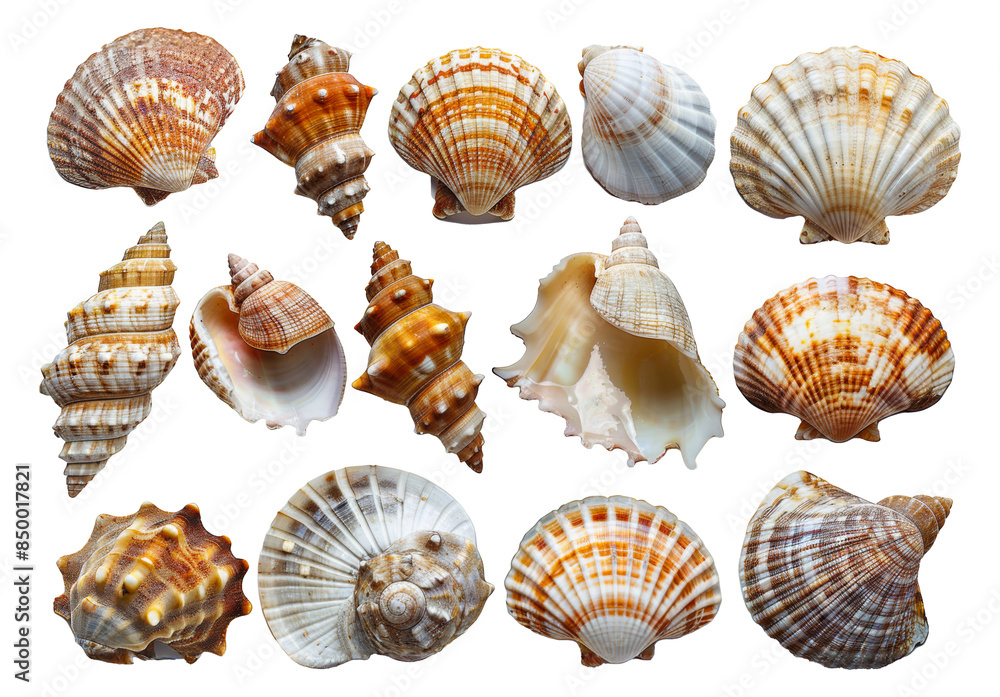 Variety of sea shells arranged in rows png isolated on transparent background Variety of sea shells arranged in rows png isolated on transparent background