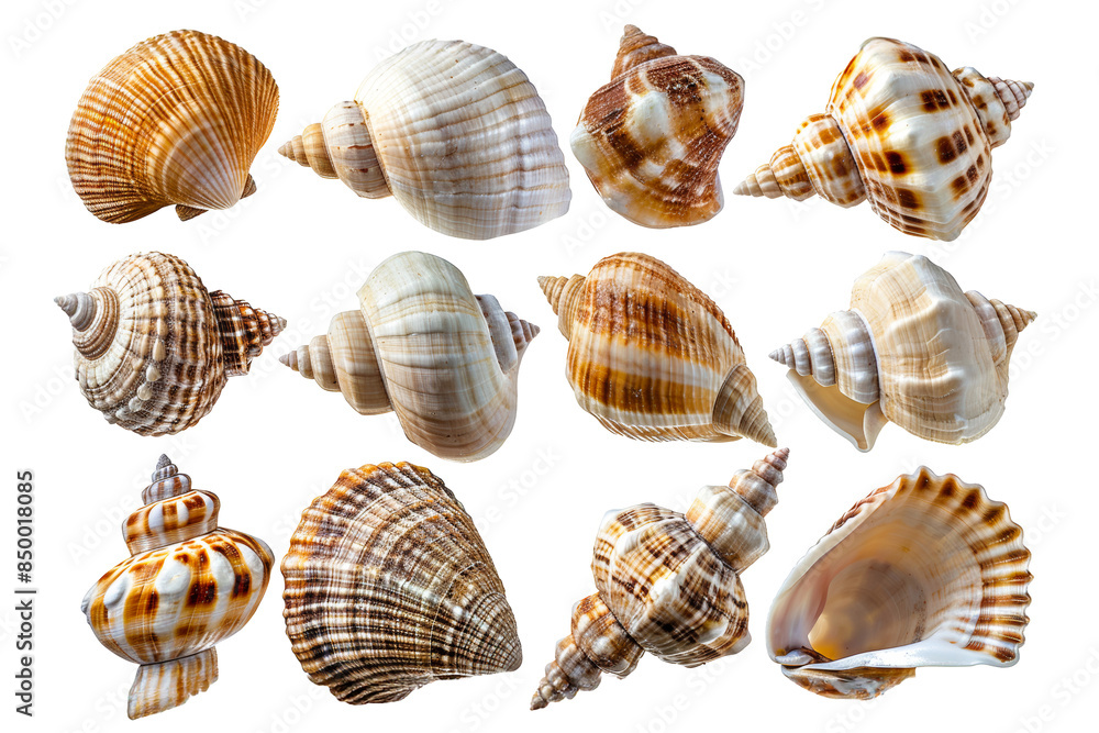 Variety of sea shells arranged in rows png isolated on transparent background Variety of sea shells arranged in rows png isolated on transparent background