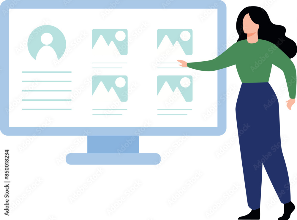 The girl is showing user profile on monitor. The girl is showing user profile on monitor.