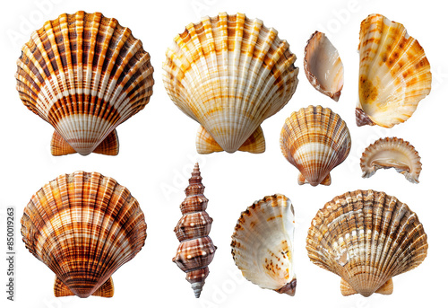 Assorted seashells with different shapes and patterns png isolated on transparent background