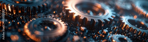 A 3D abstract background with rotating gears and cogwheels each glowing with a soft light