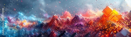 A 3D abstract background with a cascade of geometric shapes and bright colors creating a dynamic visual flow